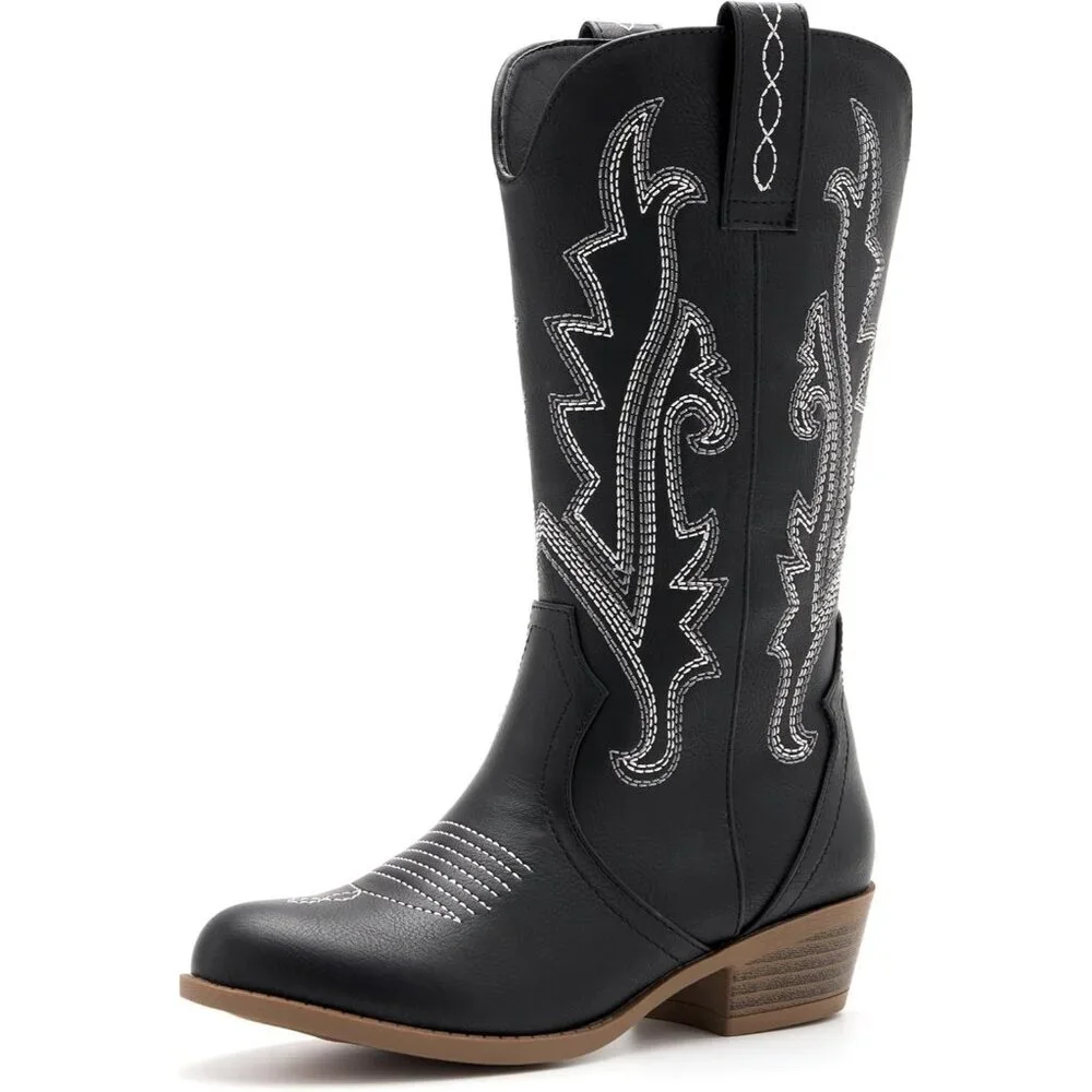 ⚡Girls Black Kids Western Boots Embroidered Cowgirl Boots Riding Shoes Mid Calf